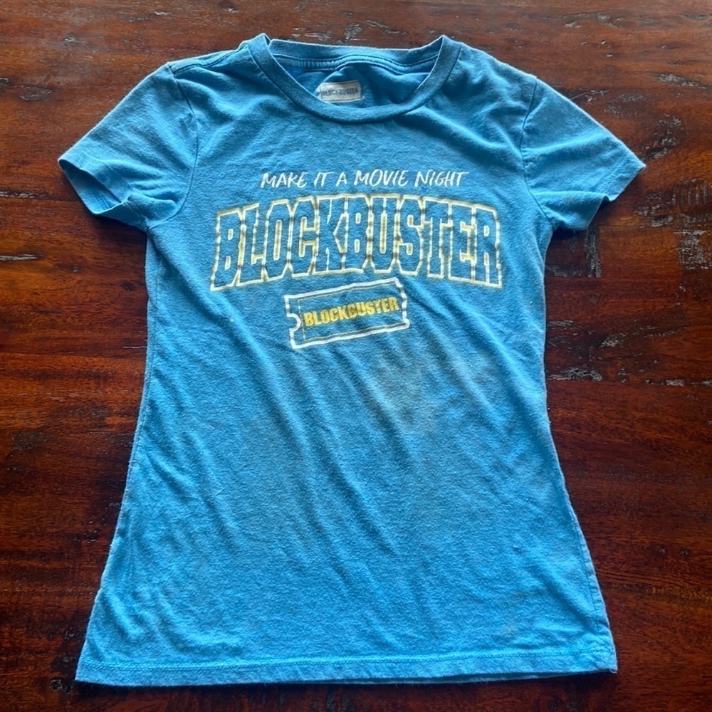 Womens Block buster video make it a movie night blue Tee Size XS